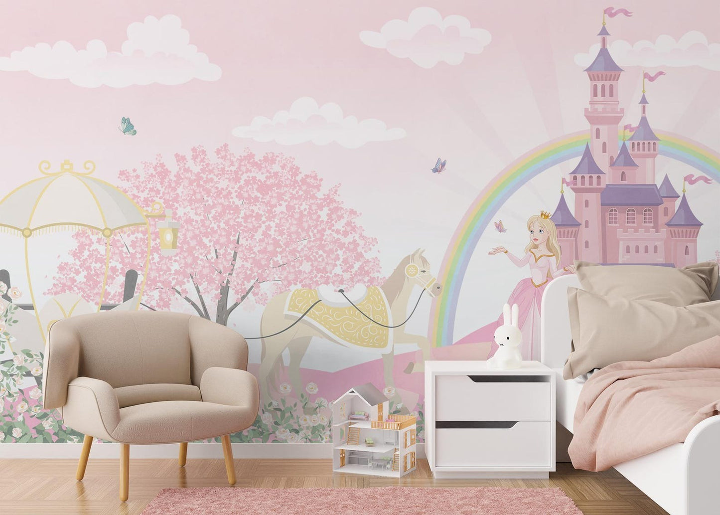Papel para paredes Castillo Princesas y caballo
