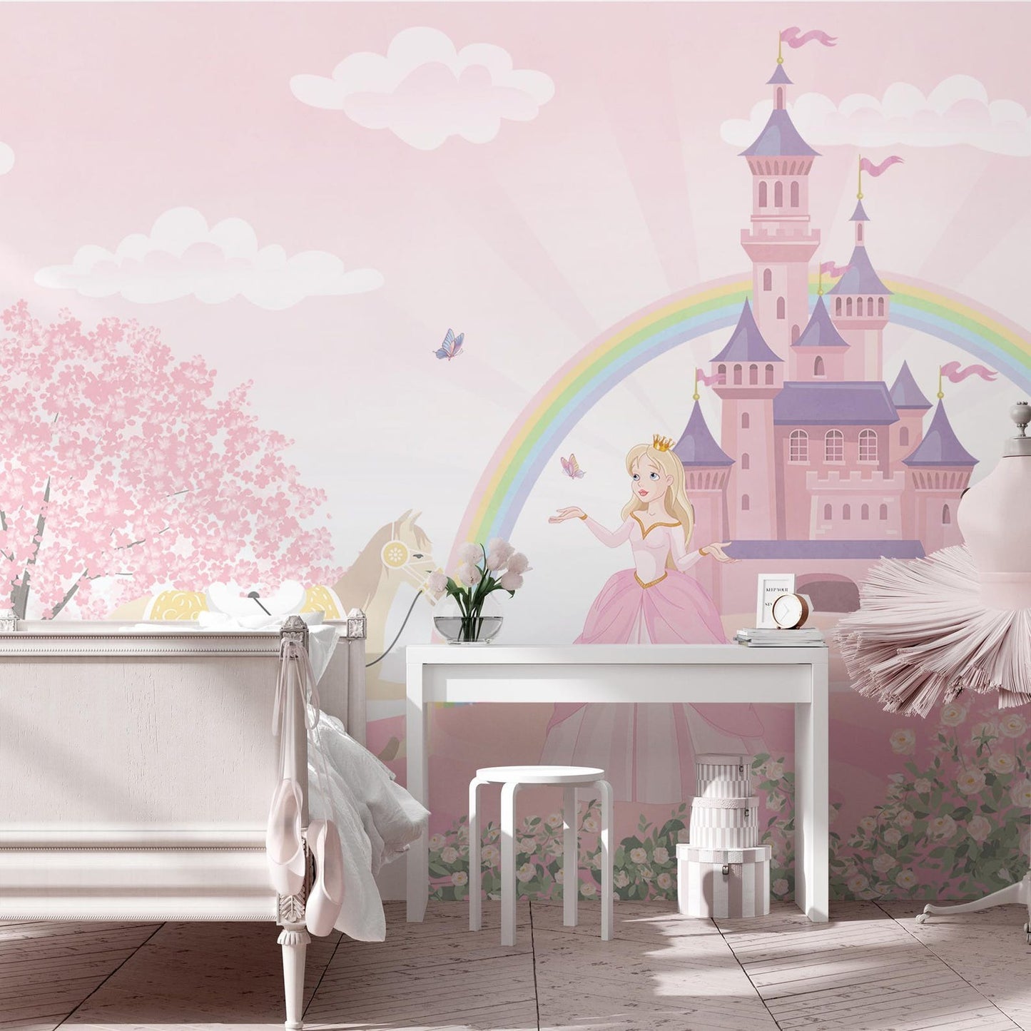 Papel para paredes Castillo Princesas y caballo