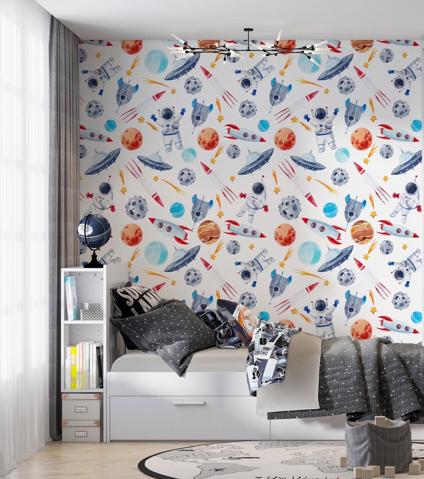 Papel para paredes astronautas mosaico colorido acuarela