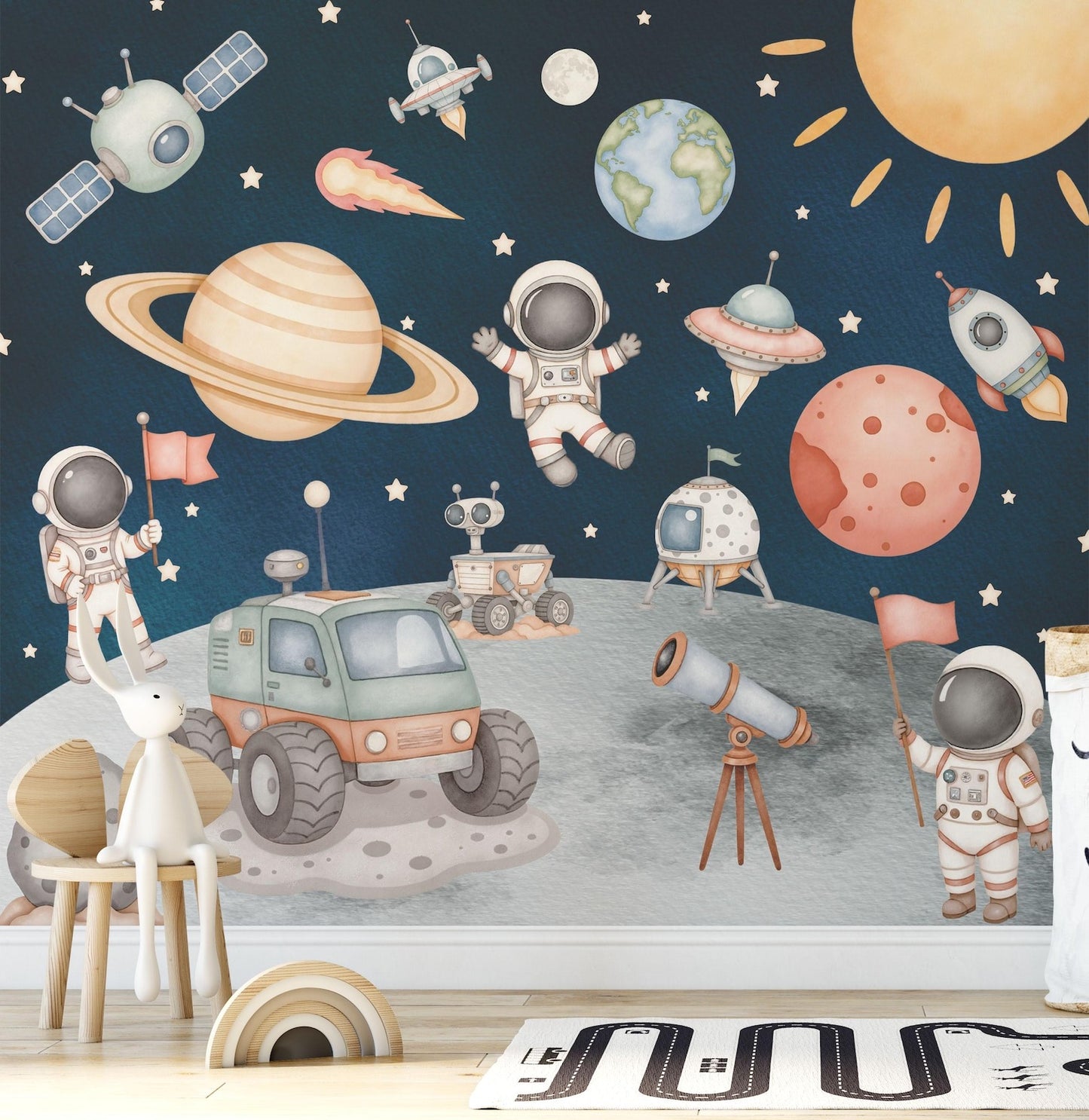 Papel para paredes astronautas conquistando la luna