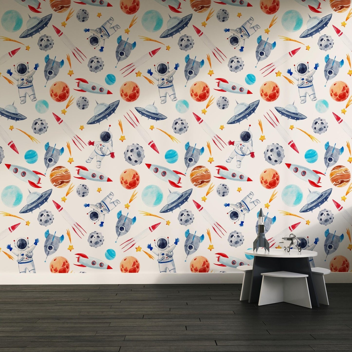 Papel para paredes astronautas mosaico colorido acuarela