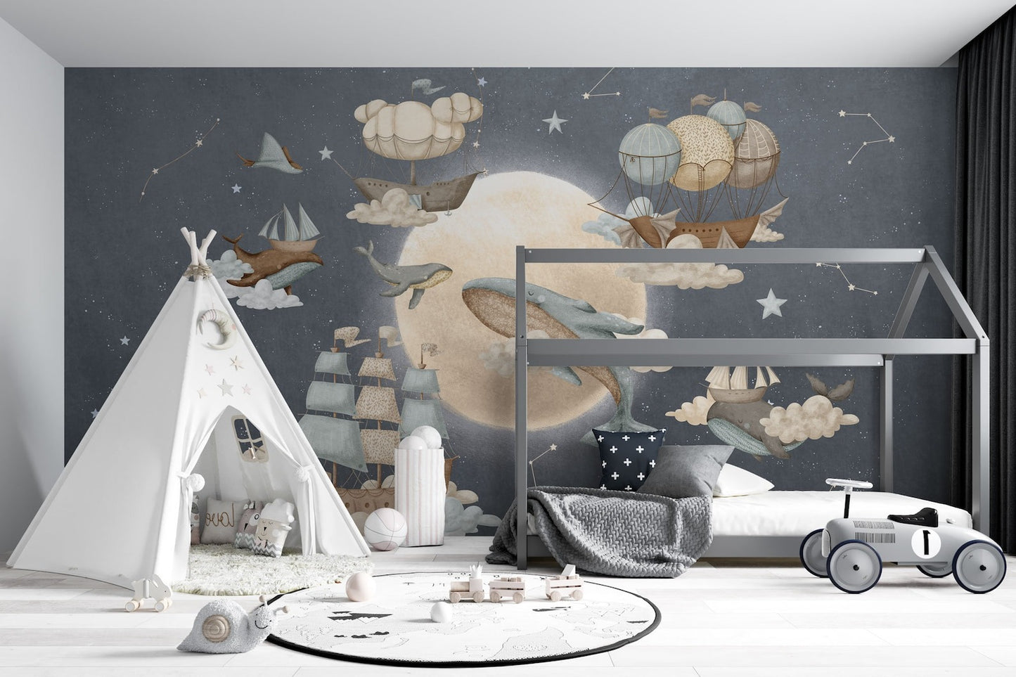 Papel para paredes luna con ballenas voladoras