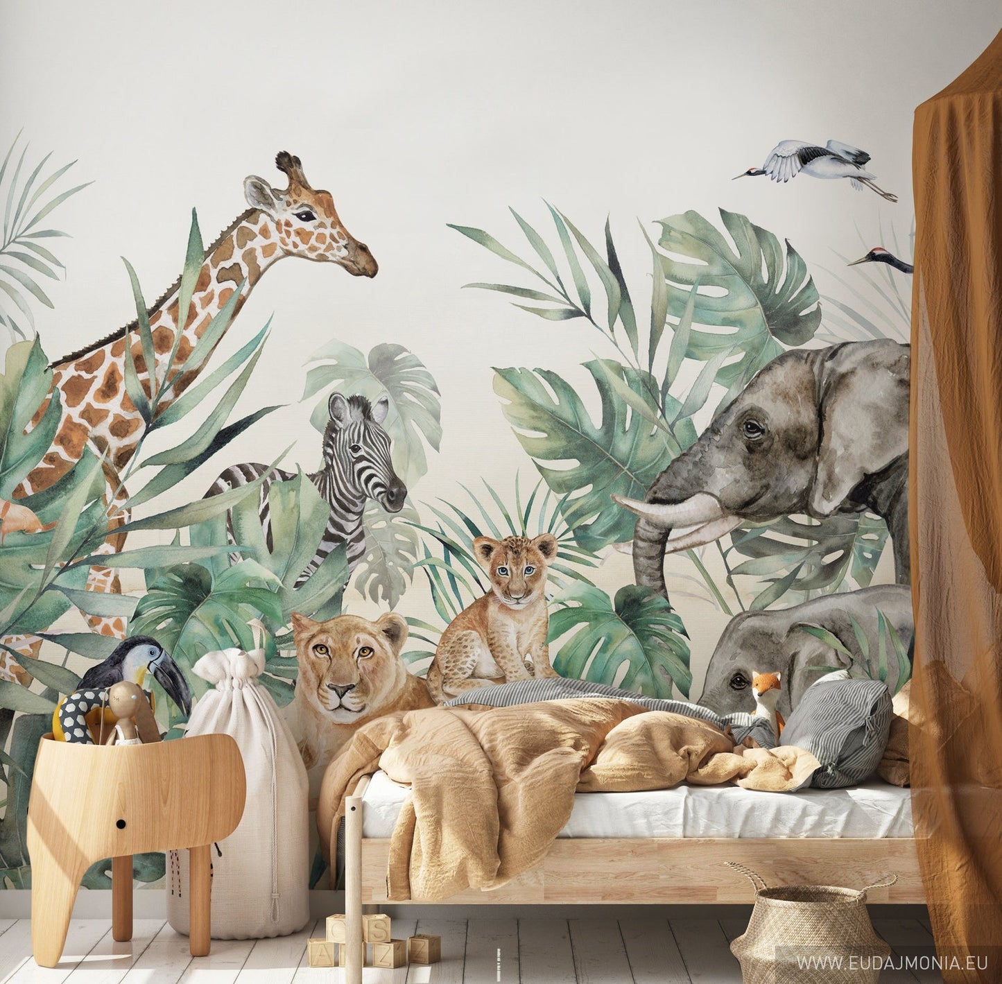 Papel para paredes animales de safari con hojas acuarela