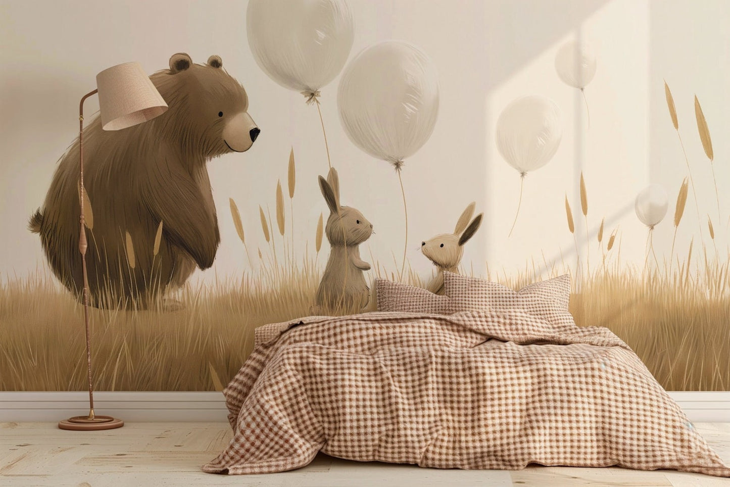 Papel para paredes osos y conejitos con globos