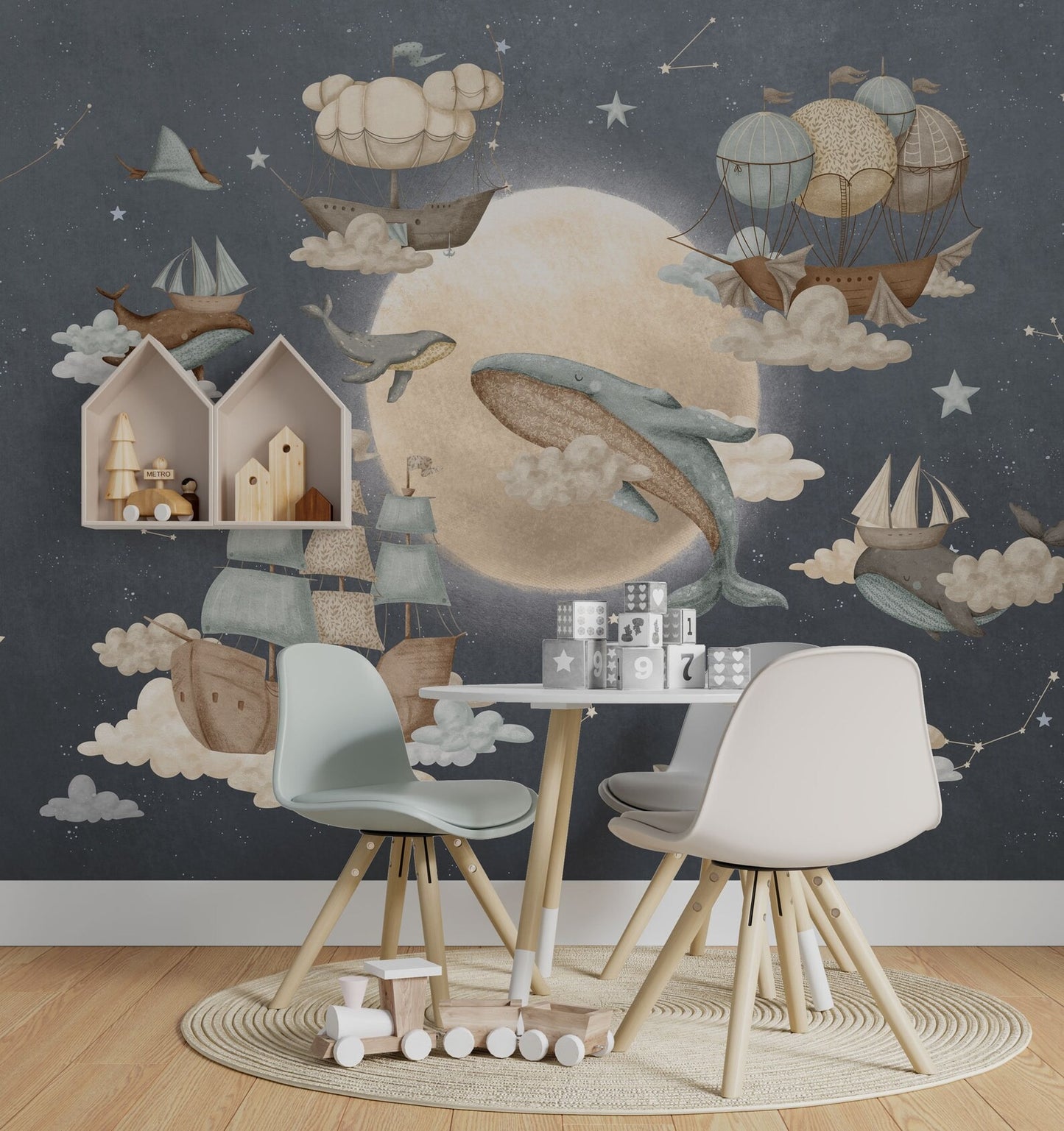 Papel para paredes luna con ballenas voladoras