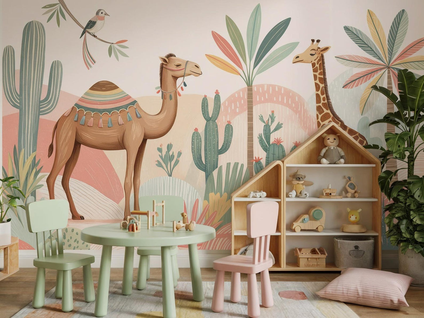 Papel para paredes animales de safari y desierto con camellos, jirafas y cactus.