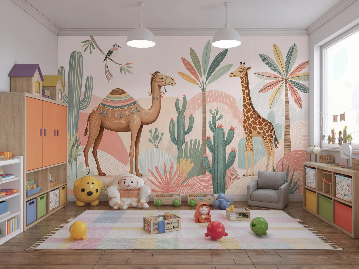Papel para paredes animales de safari y desierto con camellos, jirafas y cactus.