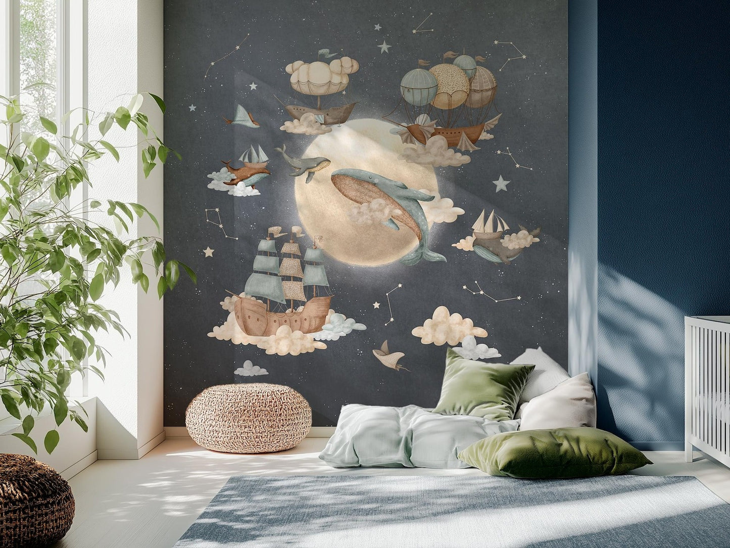 Papel para paredes luna con ballenas voladoras