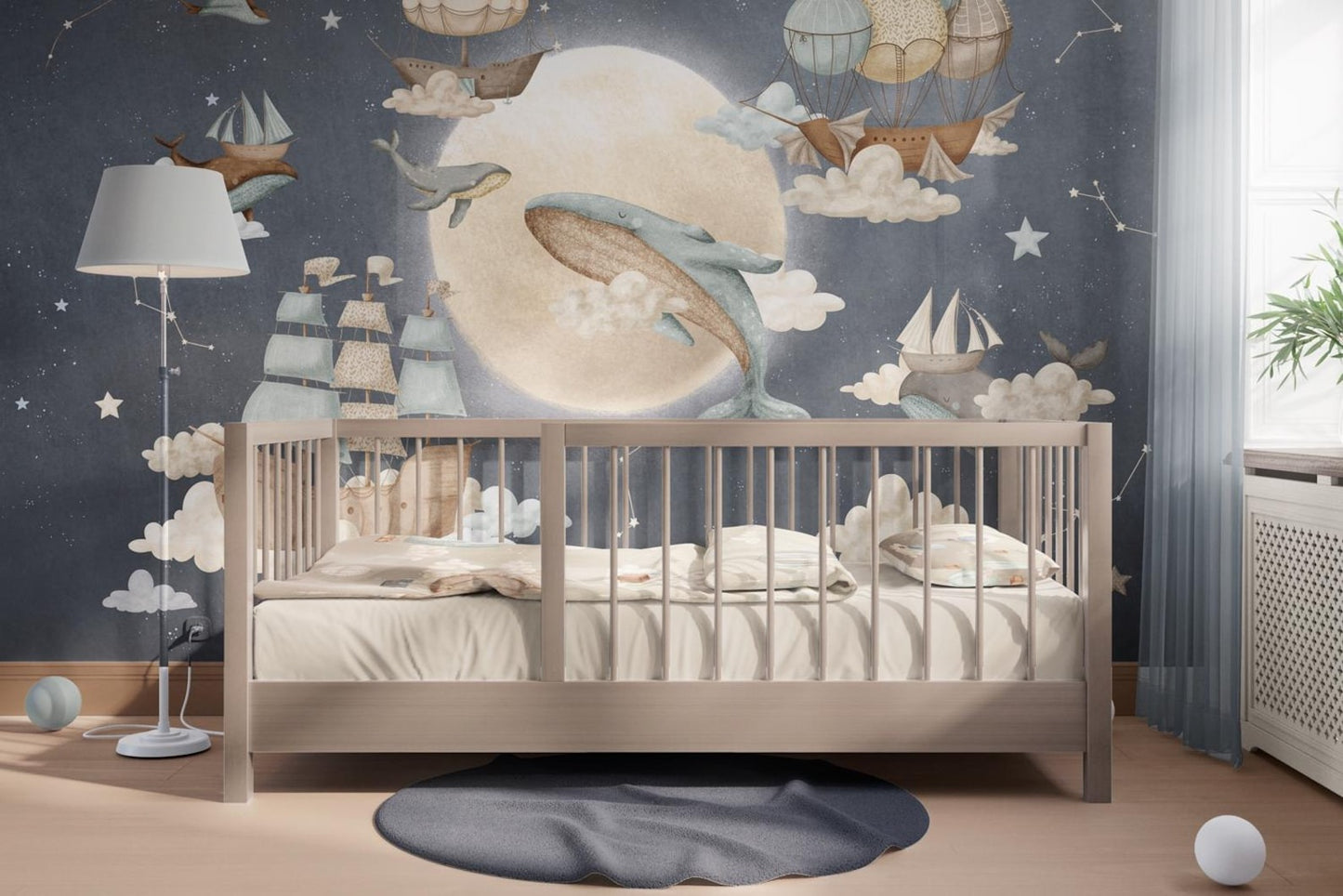 Papel para paredes luna con ballenas voladoras