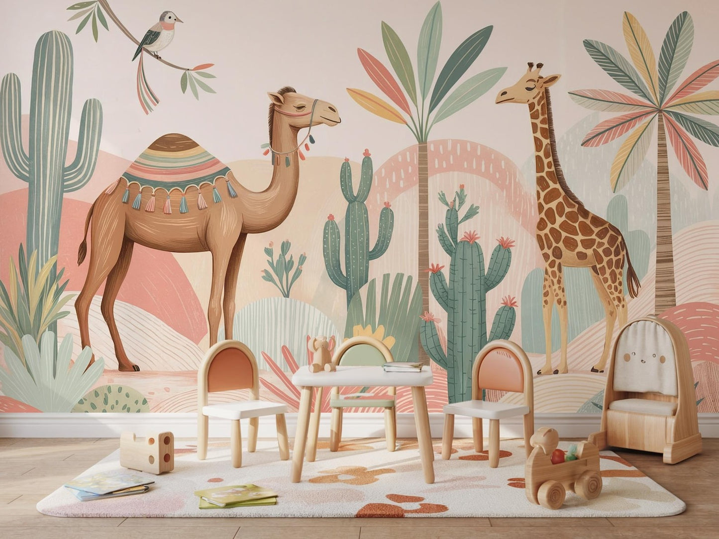Papel para paredes animales de safari y desierto con camellos, jirafas y cactus.