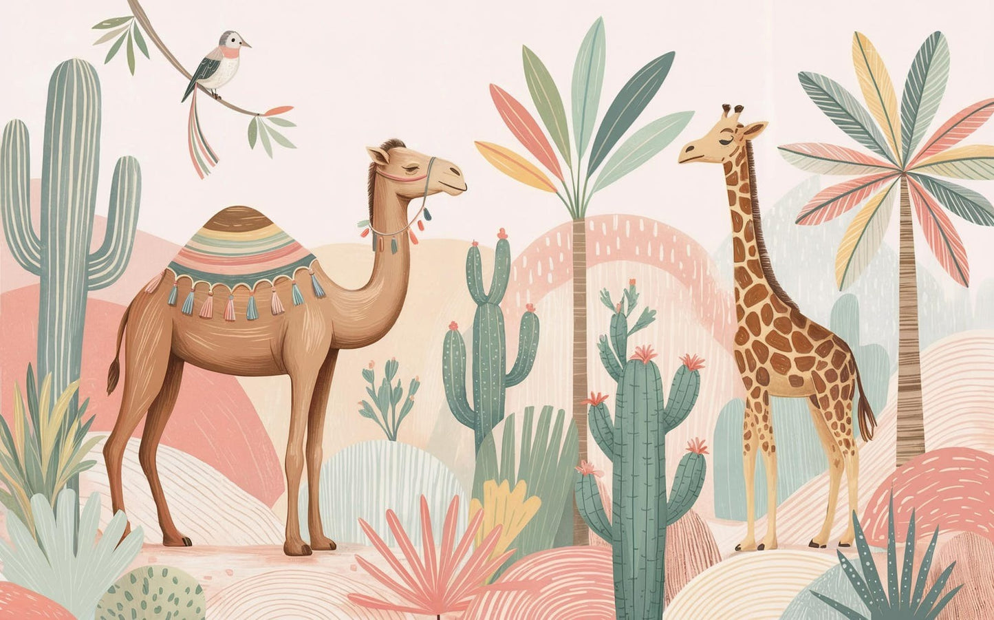 Papel para paredes animales de safari y desierto con camellos, jirafas y cactus.
