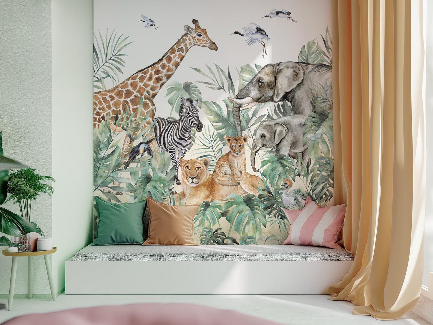 Papel para paredes animales de safari con hojas acuarela