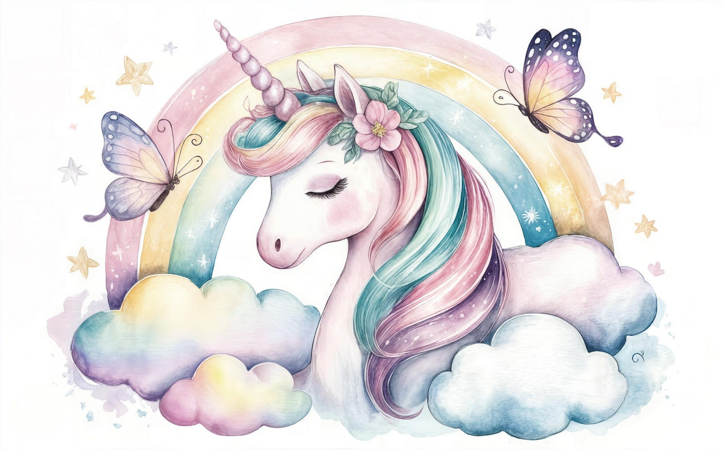 Papel para paredes Unicornio con Arcoiris y Mariposas