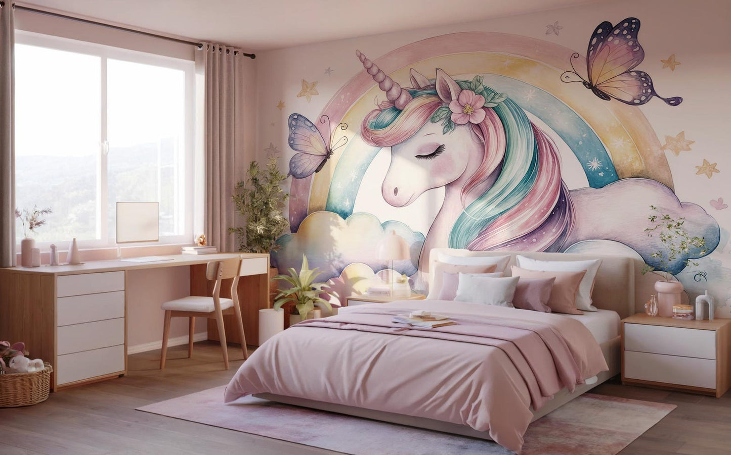 Papel para paredes Unicornio con Arcoiris y Mariposas