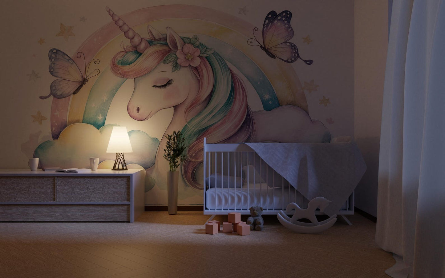 Papel para paredes Unicornio con Arcoiris y Mariposas