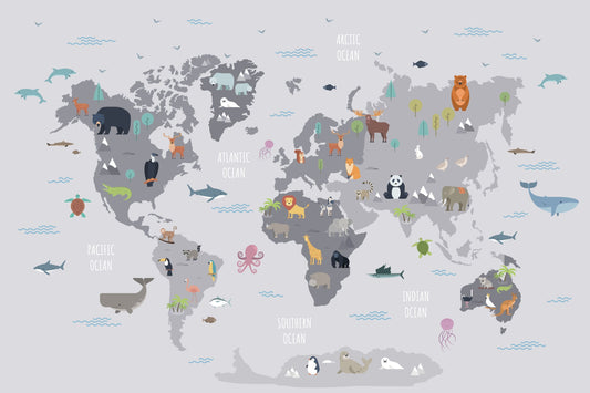 Papel para paredes Mapa mundial con animales salvajes