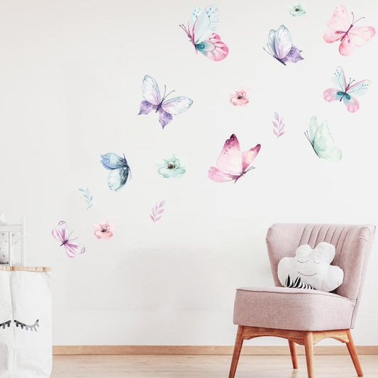 Vinilos decorativos Adhesivos infantiles de Pared Mariposas y flores niña (0068)