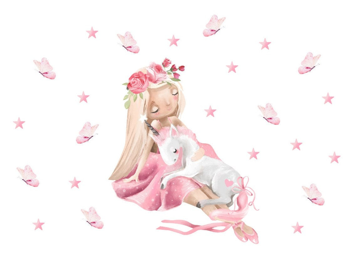 Vinilos decorativos Adhesivos infantiles de Pared unicornio con princesa niña