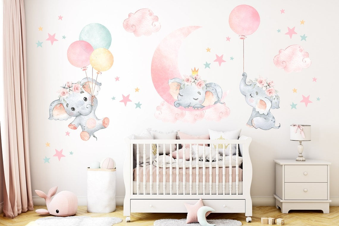 Vinilos decorativos Adhesivos infantiles de Pared elefantes rosados con globos niña (0047)