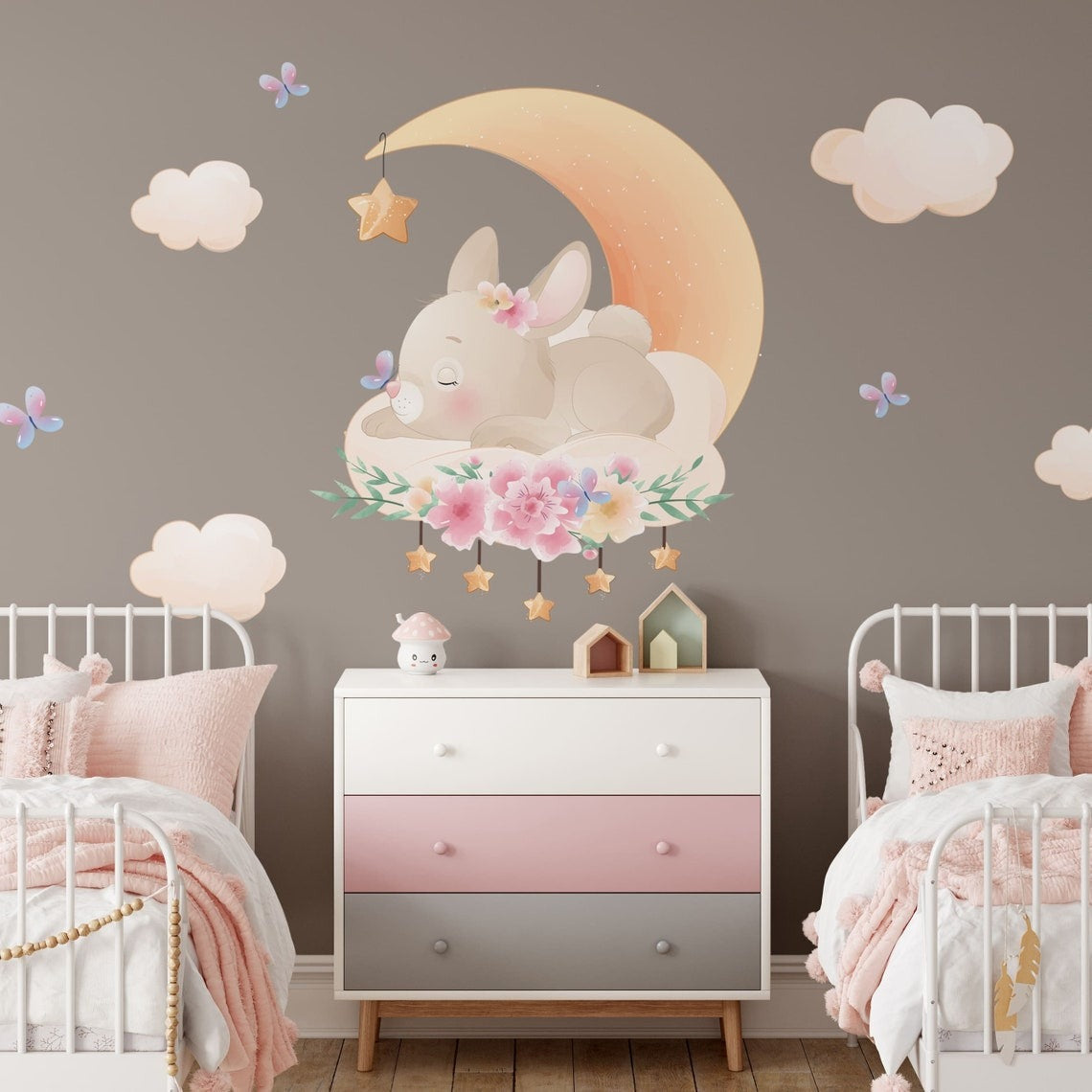 Vinilos decorativos Adhesivos infantiles de Pared Conejo lindo de Pascua en la luna niña