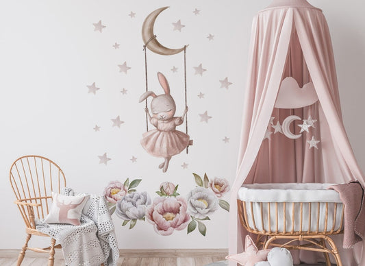 Vinilos decorativos Adhesivos infantiles de Pared conejito en columpio niña (0029)
