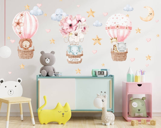 Vinilos decorativos Adhesivos infantiles de Pared Globos Aerostáticos con animales niña (0060)