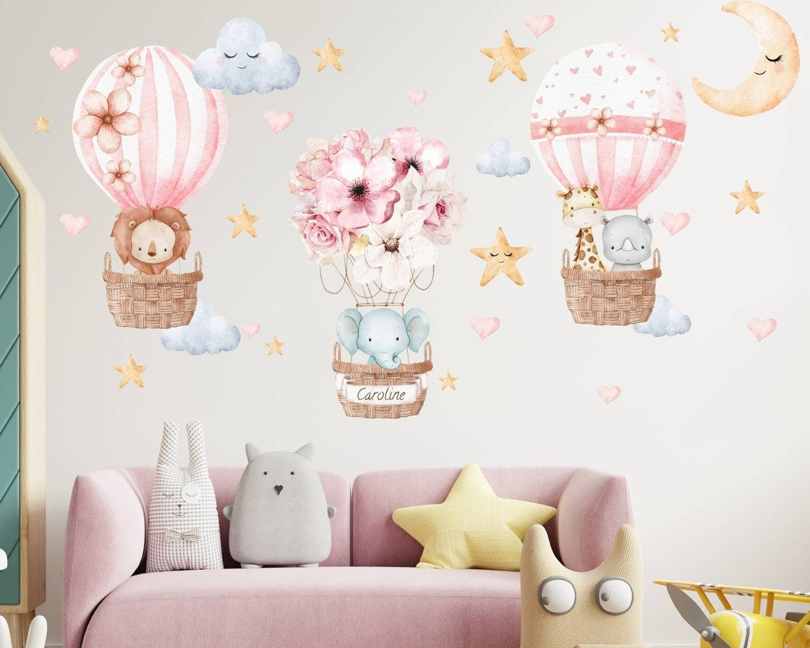 Vinilos decorativos Adhesivos infantiles de Pared Globos Aerostáticos con animales niña (0060)
