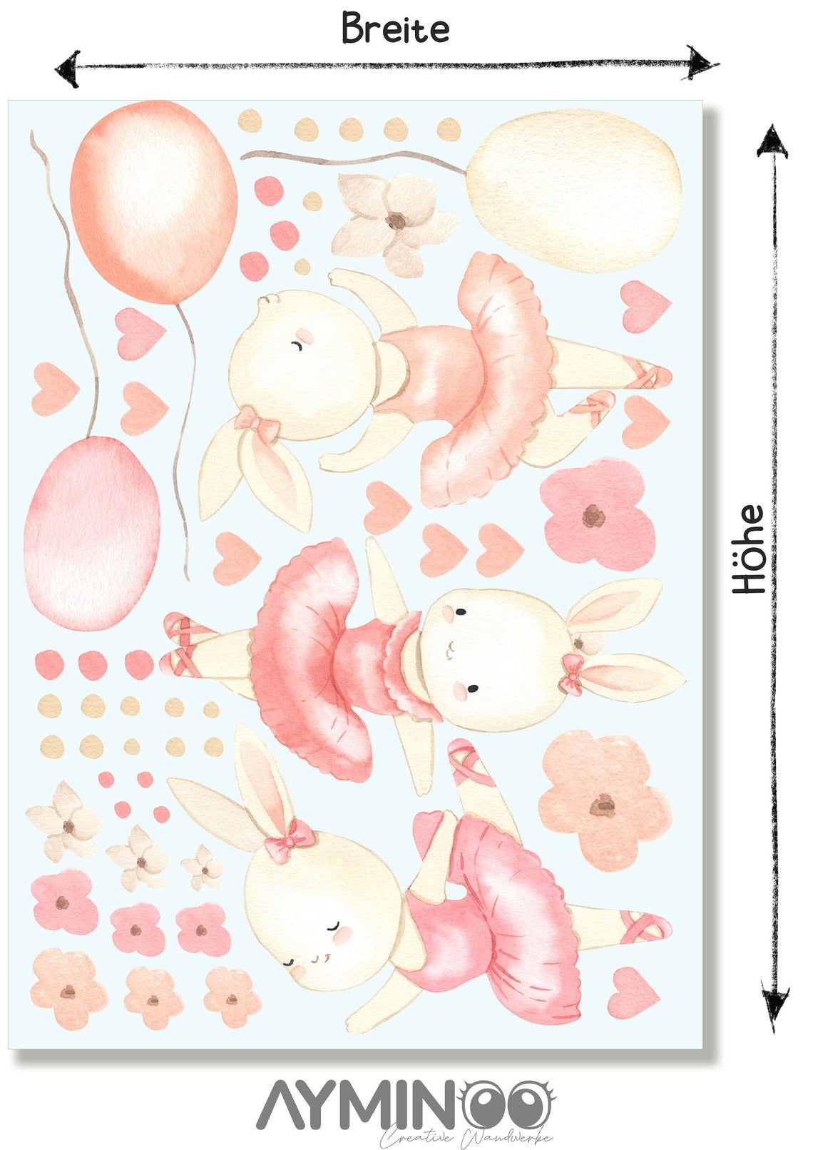 Vinilos decorativos Adhesivos infantiles de Pared Dulce bailarina conejita con globos Flores Corazones (0039)