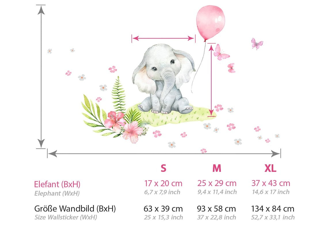 Vinilos decorativos Adhesivos infantiles de Pared Globo elefante Bebé rosado con plantas niña
