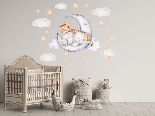 Vinilos decorativos Adhesivos infantiles de Pared Elefante y jirafa en la luna niño (0046)