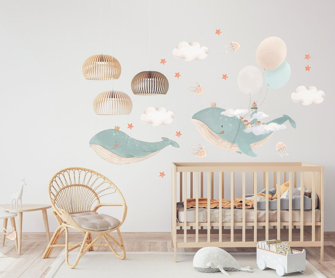 Vinilos decorativos Adhesivos infantiles de Pared bebé ballenas voladoras de acuarela (0027)