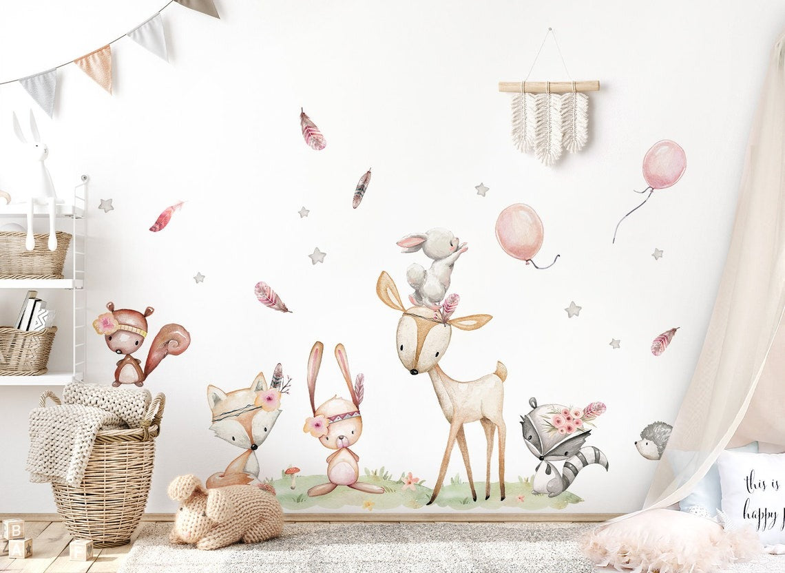 Vinilos decorativos Adhesivos infantiles de Pared de vivero de bosques, oso de acuarela, ciervo, búho, zorro niña (0037)