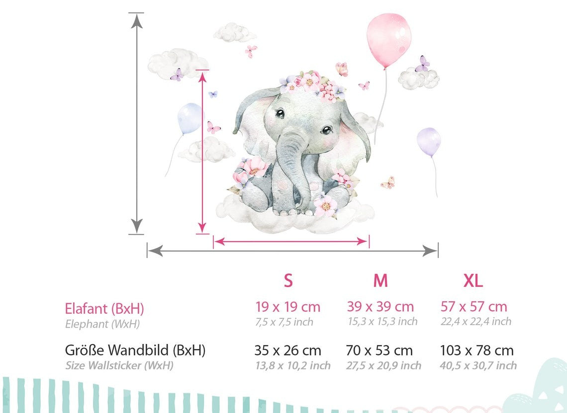 Vinilos decorativos Adhesivos infantiles de Pared Elefante con nubes niña (0042)