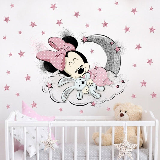 Vinilos decorativos Adhesivos infantiles de Pared minnie bebe en luna con estrellas niña (0078)