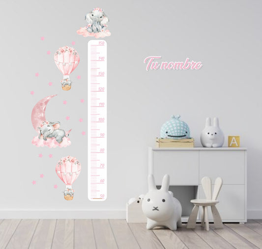 Vinilos decorativos Adhesivos infantiles de Pared medidor de altura infantil celefantes rosados niña