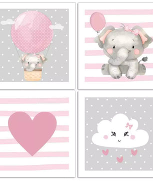 Combo de globos y elefantes con nubes rosas