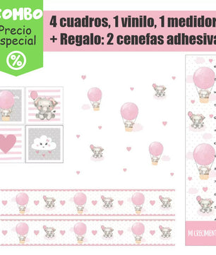 Combo de globos y elefantes con nubes rosas