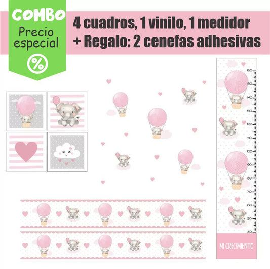 Combo de globos y elefantes con nubes rosas
