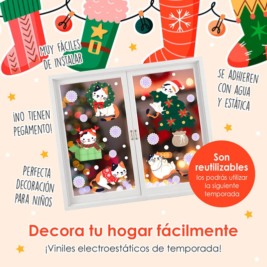 Vinil Electro estático para ventana Gatitos navideños