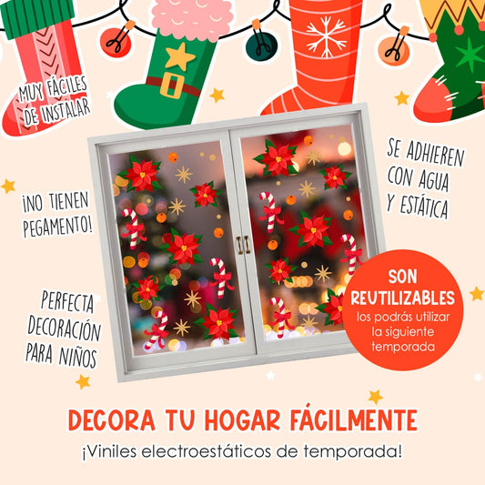 Vinil Electro estático para ventanas flores navideñas
