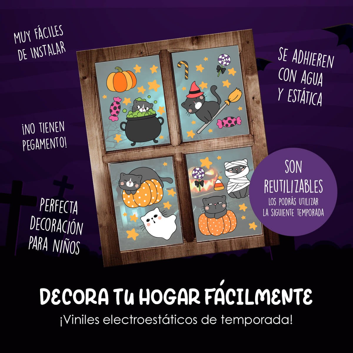 Vinil Electro estático para ventanas Gatos y Brujas