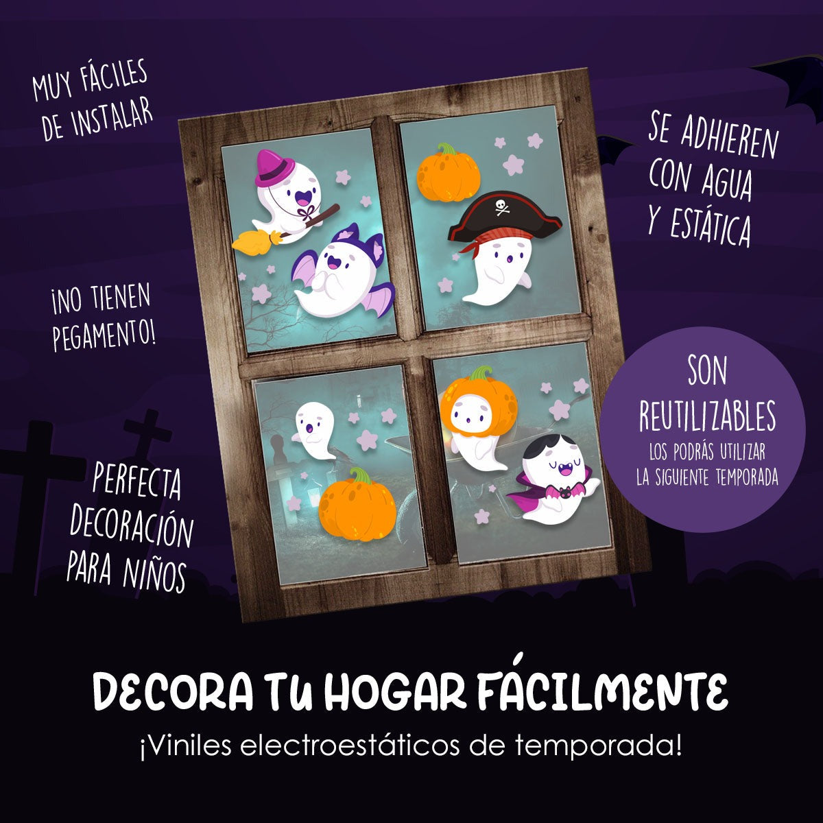 Vinil Electro estático para ventanas Halloween Fantasmitas