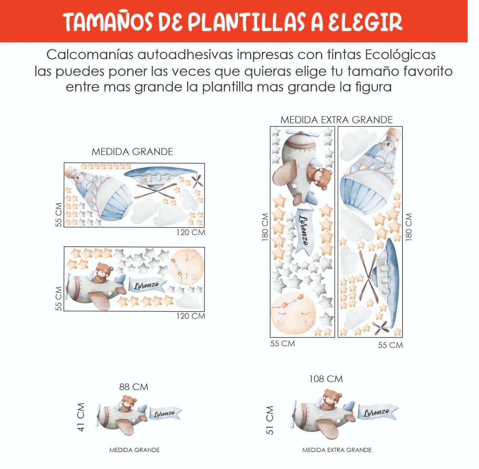 Vinilos decorativos Adhesivos infantiles de Pared  oso teddy aviador con globo aerostático niño (0016)