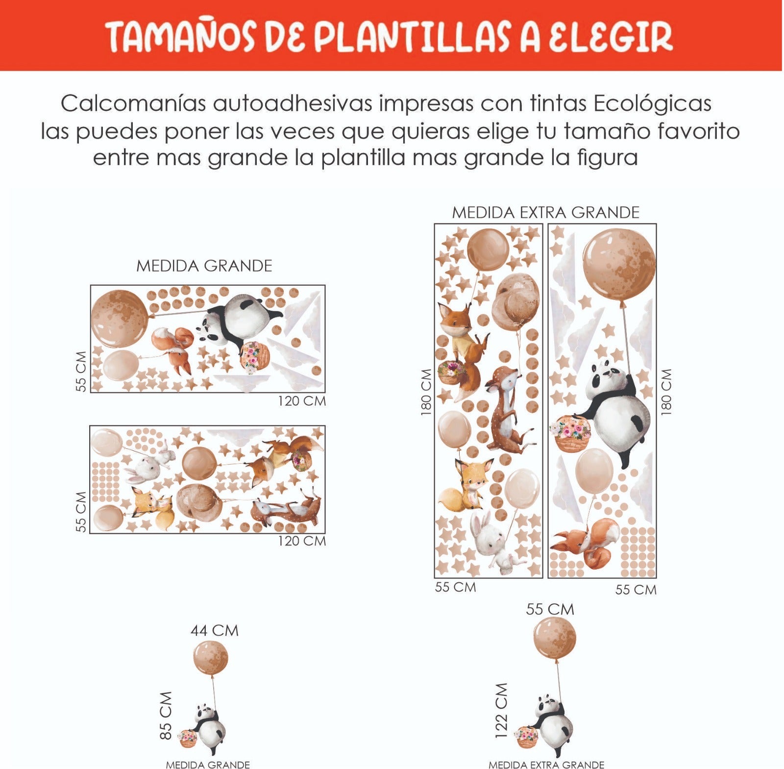 Vinilos decorativos Adhesivos infantiles de Pared  animales grandes en globos beige (0009)
