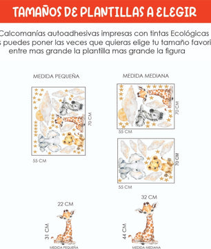 Vinilos decorativos Adhesivos infantiles de Pared bebé, León, elefante, cebra, jirafa con nubes y estrellas (0028)