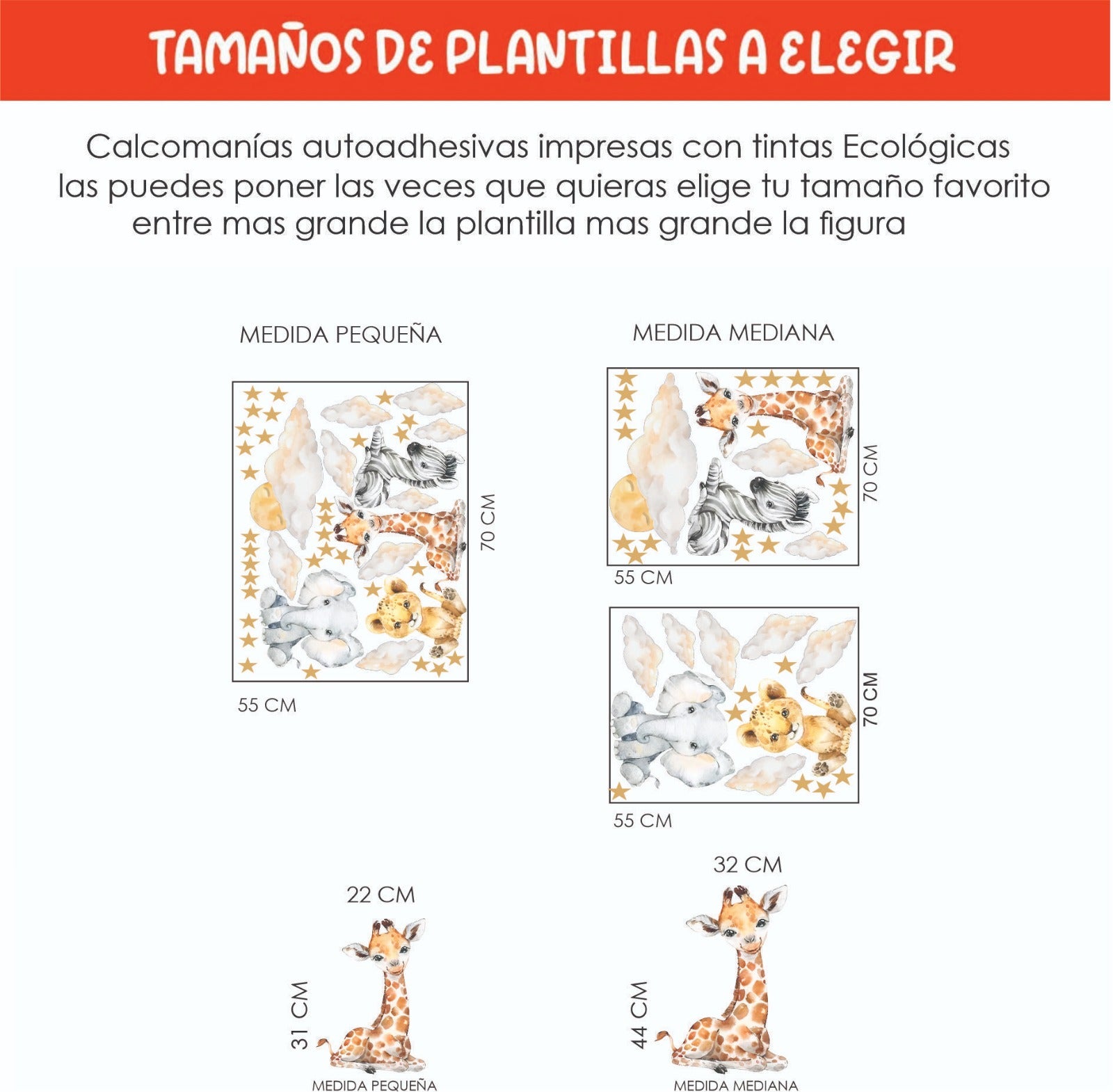 Vinilos decorativos Adhesivos infantiles de Pared bebé, León, elefante, cebra, jirafa con nubes y estrellas (0028)