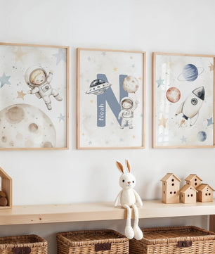 Cuadros Decorativos infantiles Modernos Astronautas Galaxia, cohete y nombre