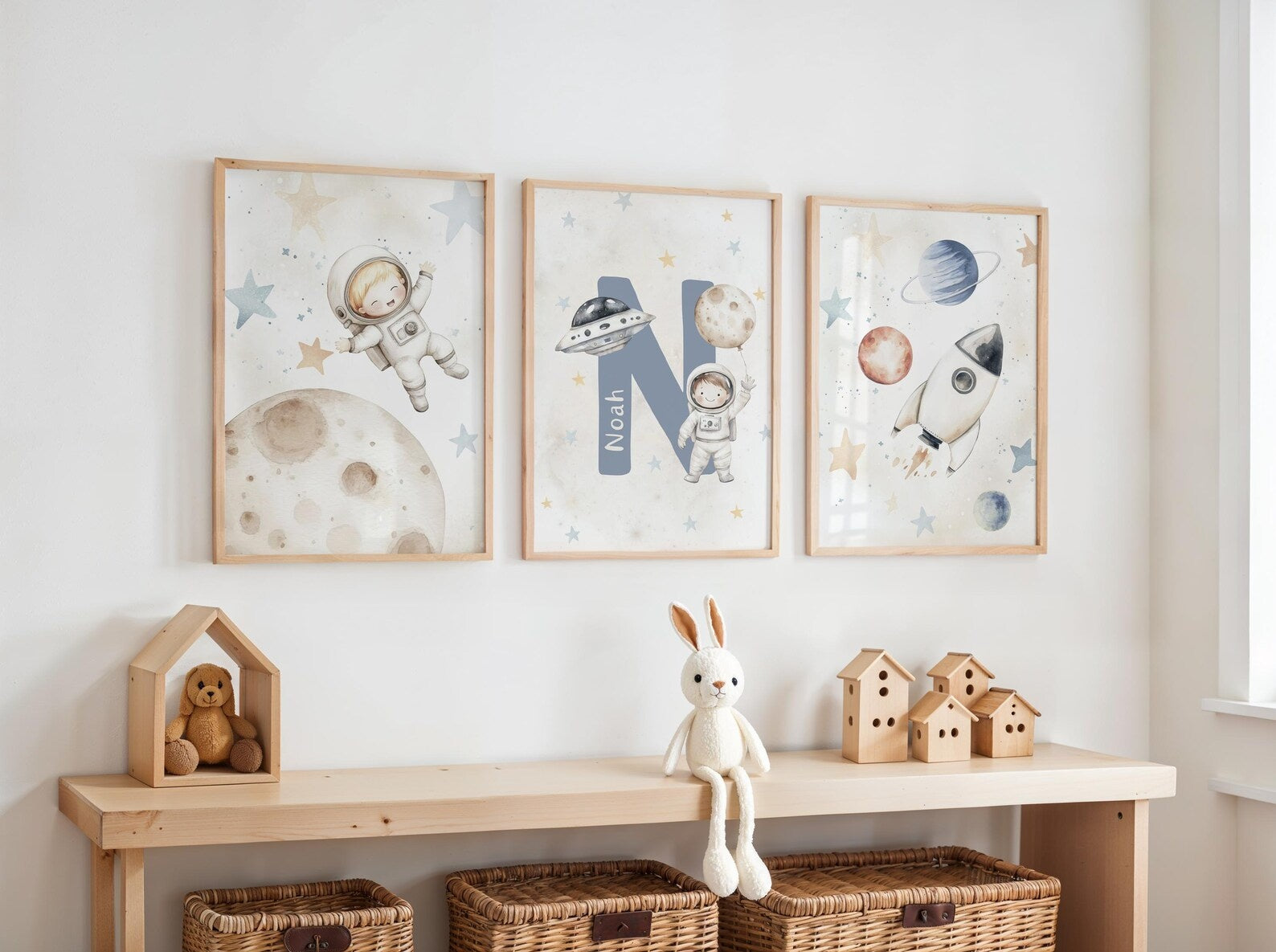 Cuadros Decorativos infantiles Modernos Astronautas Galaxia, cohete y nombre