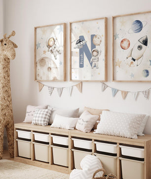Cuadros Decorativos infantiles Modernos Astronautas Galaxia, cohete y nombre
