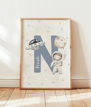 Cuadros Decorativos infantiles Modernos Astronautas Galaxia, cohete y nombre